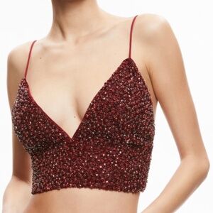 Alice + Olivia Bordeaux Red Crystal Embellished Crop Top With Smocked Back NWT